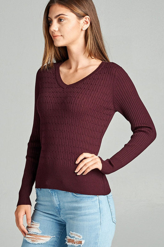 Plus size long sleeve v-neck cable knit classic sweater