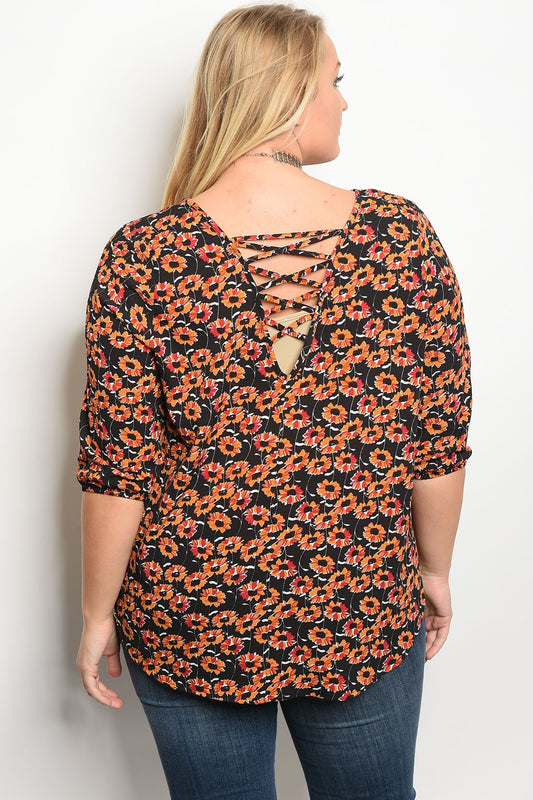 Plus size floral print scoop neck top with 3/4 sleeves
