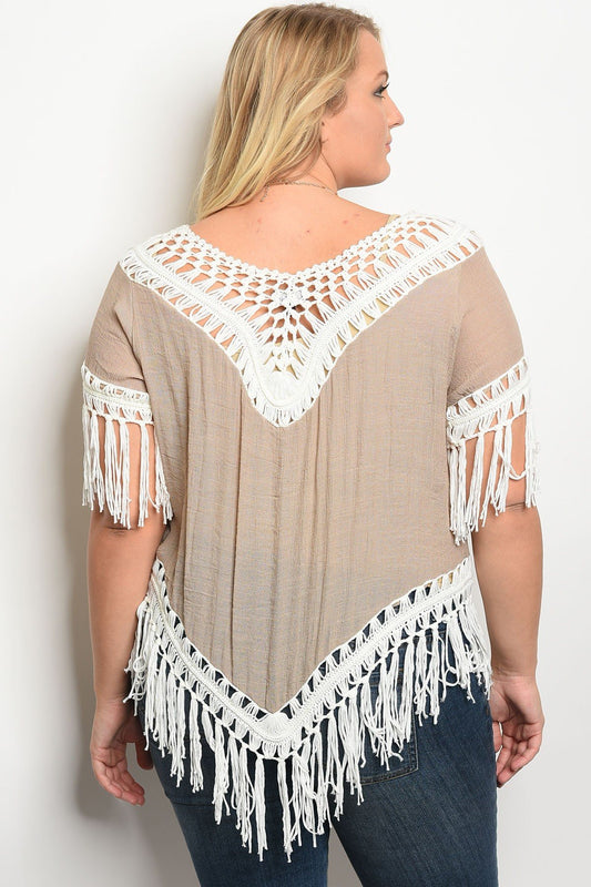 Plus size short sleeve relaxed fit top with crochet details