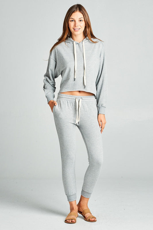 Ladies fashion dropped long sleeve raw-edge hem french terry hoodie top