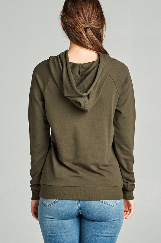 Ladies fashion long sleeve pullover french terry hoodie top w/ kangaroo pocket
