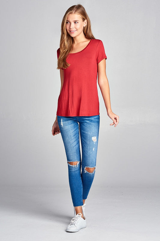 Ladies fashion short sleeve scoop neck top