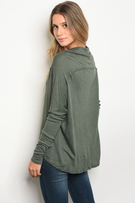 Ladies fashion long sleeve v-neck loose fitting jersey tunic top