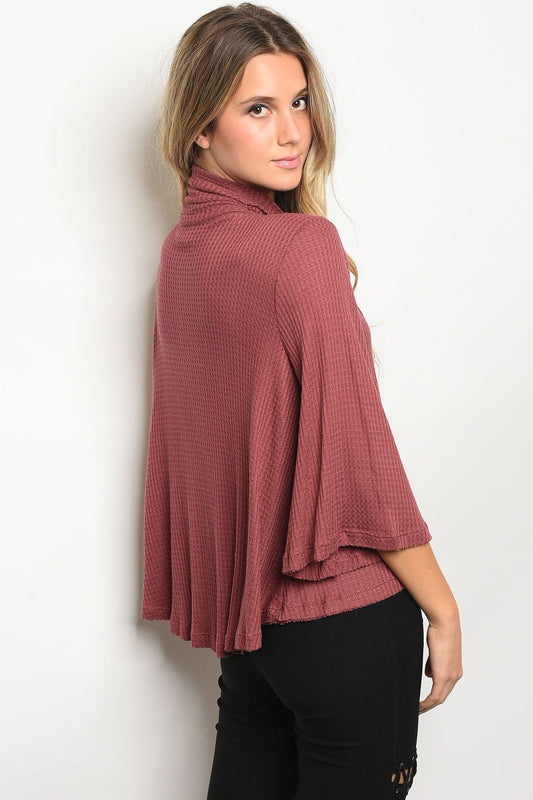 Ladies fashion long bell sleeve cowl neck tulip front waffle knit slub top