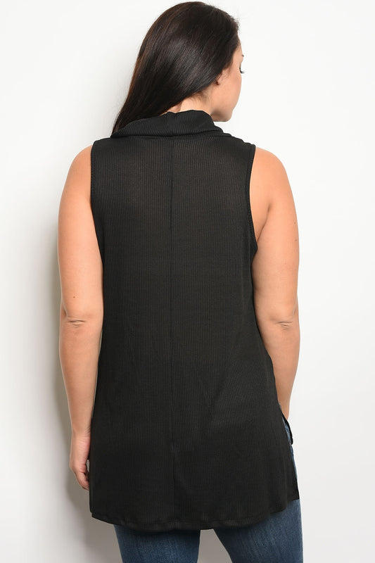 Ladies fashion plus size sleeveless relaxed fit ribbed top that features a cowl neckline