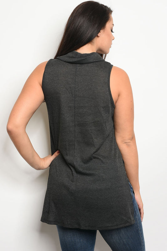 Ladies fashion plus size sleeveless relaxed fit ribbed top that features a cowl neckline