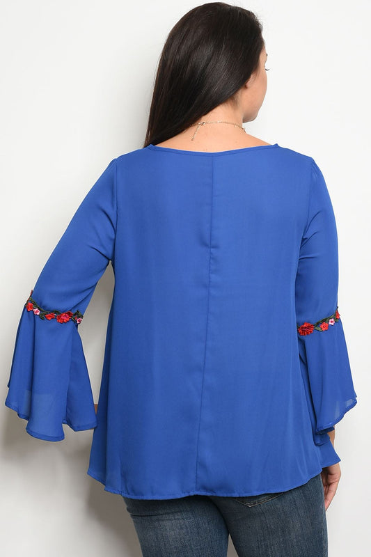 Ladies fashion plus size long sleeve acrylic blend top that features bell sleeves and a rounded neckline
