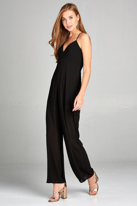 Ladies fashion plunging v-neck w/cami strap woven jumpsuit
