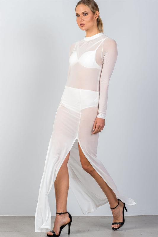 Ladies fashion mock neck all mesh double slit maxi dress