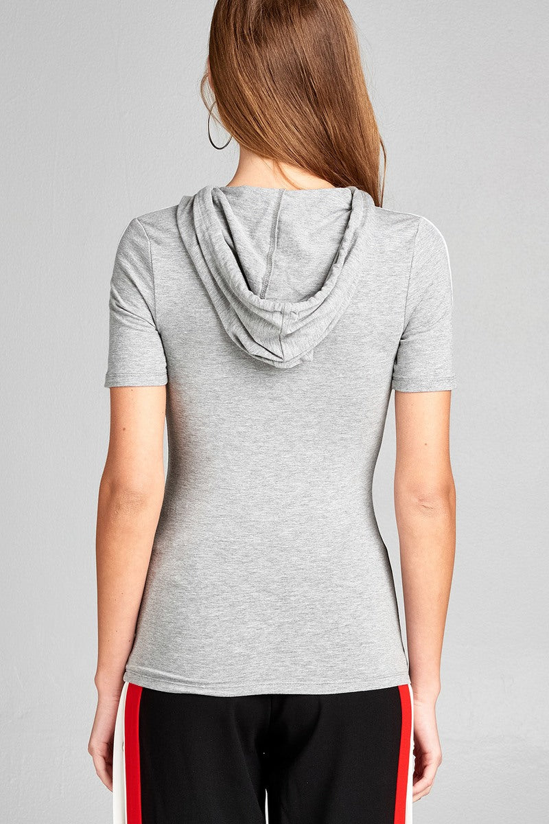 Ladies fashion short sleeve w/wide stripe drawstring hoodie cotton rayon spandex top