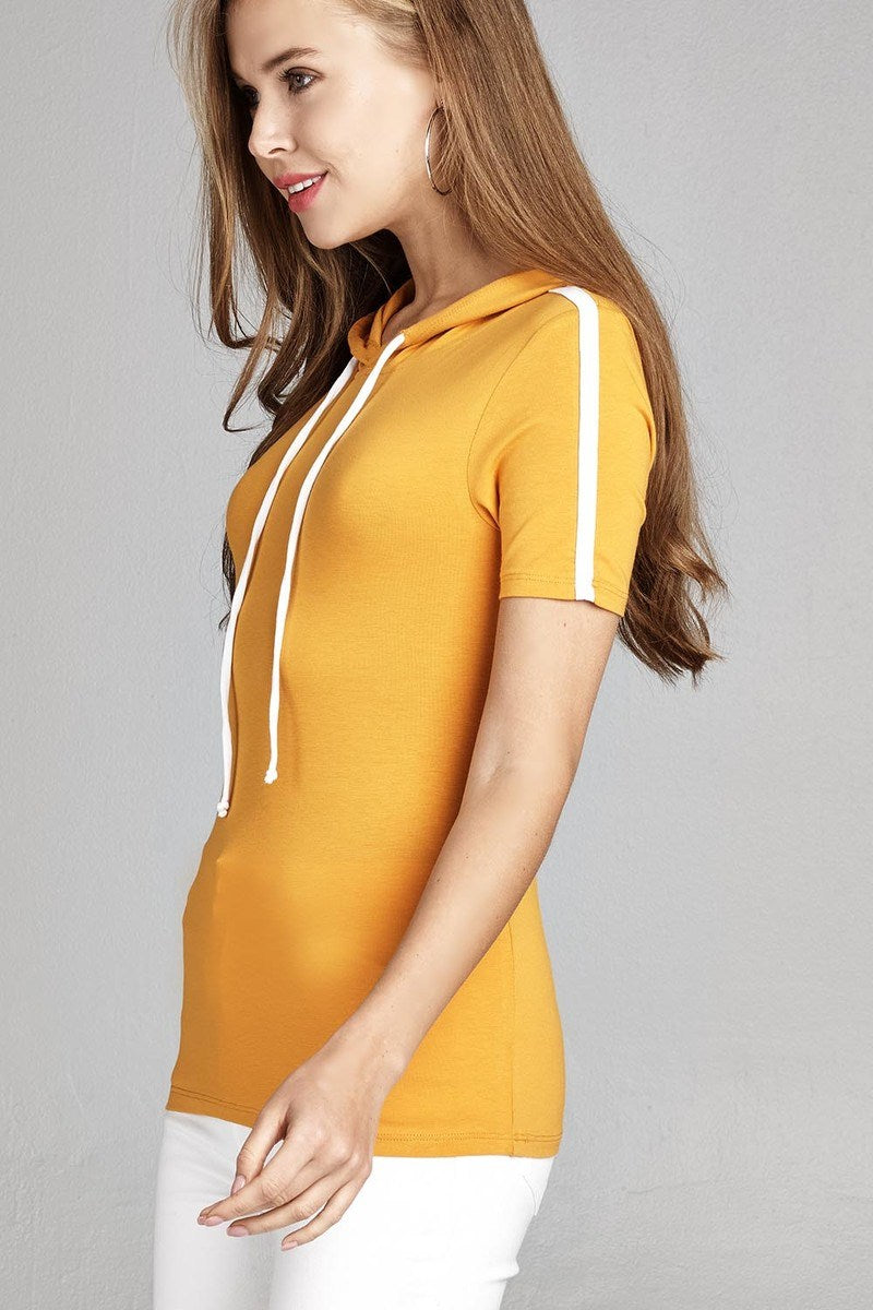 Ladies fashion short sleeve w/wide stripe drawstring hoodie cotton rayon spandex top