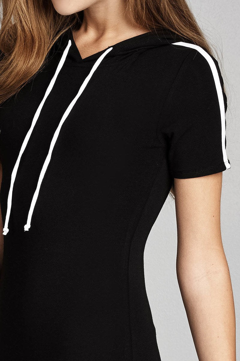 Ladies fashion short sleeve w/side stripe drawstring hoodie cotton rayon spandex mini dress