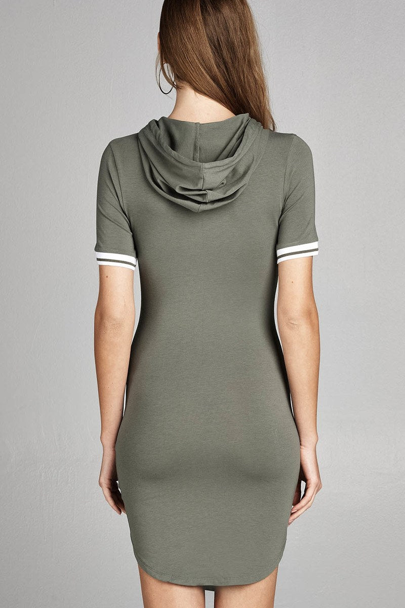 Ladies fashion short sleeve w/stripe band drawstring hoodie cotton rayon spandex mini dress