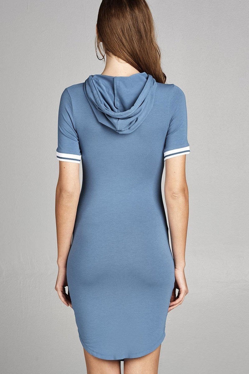 Ladies fashion short sleeve w/stripe band drawstring hoodie cotton rayon spandex mini dress