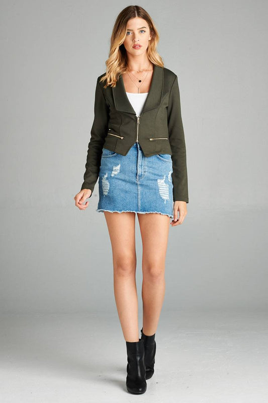 Ladies fashion long sleeve zip front blazer