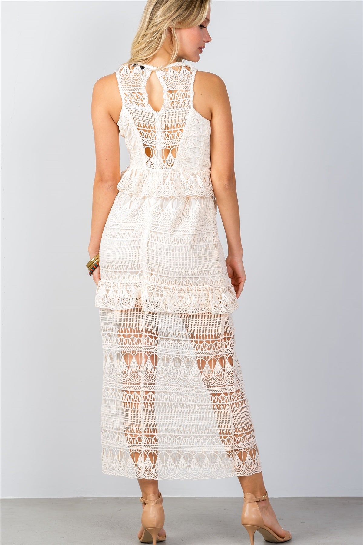 Ladies fashion bohemian crochet lace flounce ruffle maxi dress