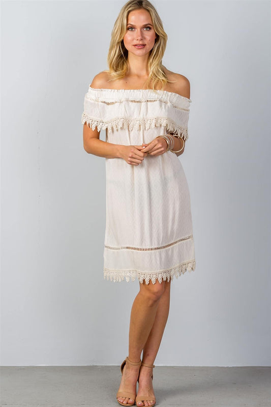 Ladies fashion boho ivory elastic off shoulder crochet trim mini dress