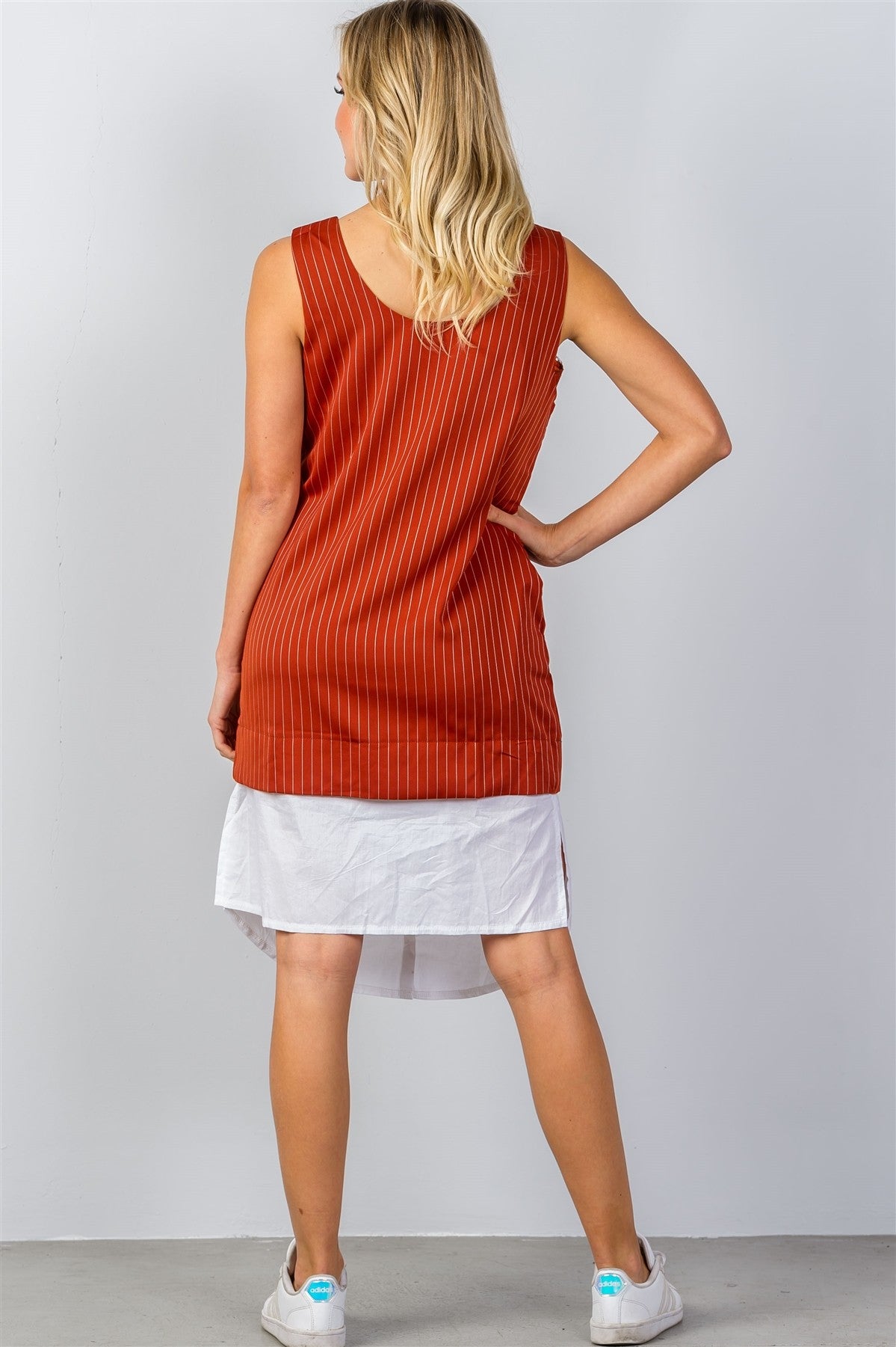 Ladies fashion shirt hem pinstripe midi dress