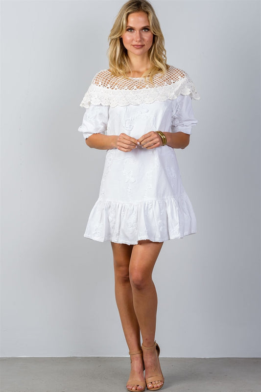 Ladies fashion boho white ruffle hem crochet shift mini dress