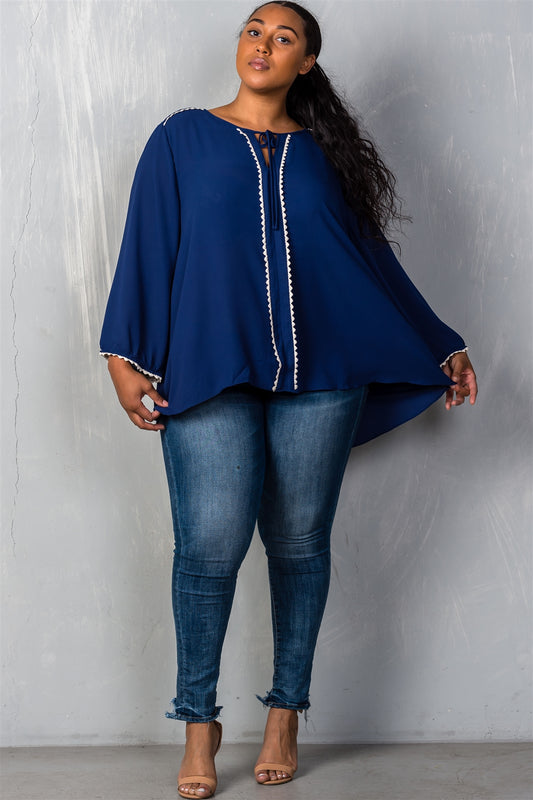 Ladies fashion plus size navy long sleeve crepe plus size blouse
