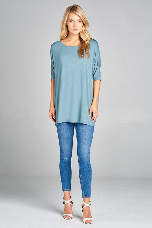 Ladies fashion elbow sleeve round neck rayon spandex jersey tunic top
