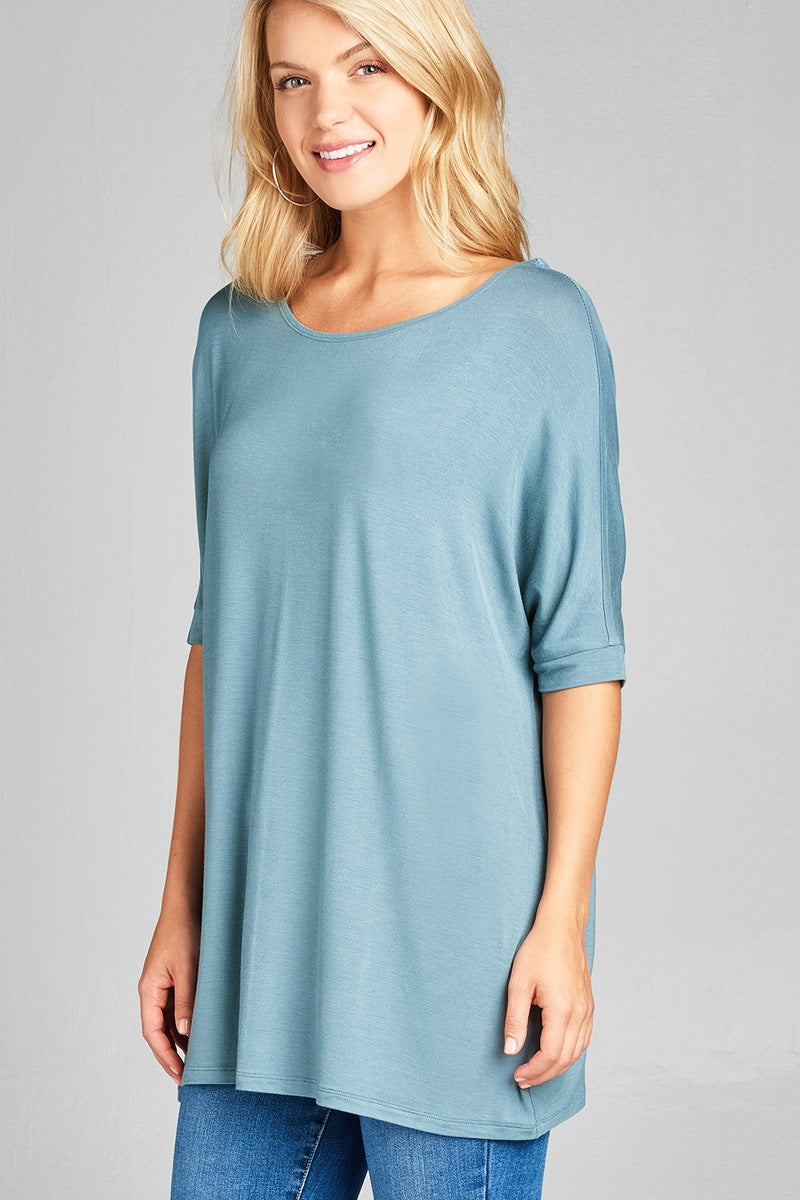 Ladies fashion elbow sleeve round neck rayon spandex jersey tunic top