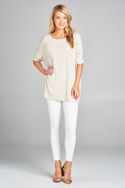 Ladies fashion elbow sleeve round neck rayon spandex jersey tunic top