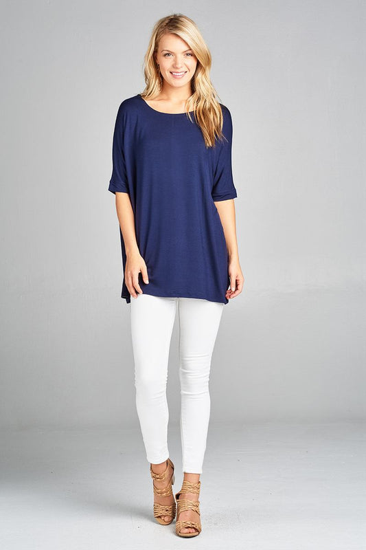 Ladies fashion elbow sleeve round neck rayon spandex jersey tunic top