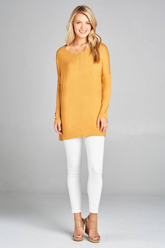 Ladies fashion long sleeve round neck rayon spandex jersey tunic top