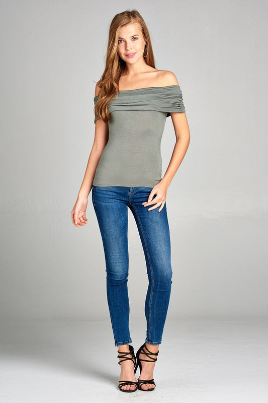 Ladies fashion fold over off the shoulder rayon spandex jersey top