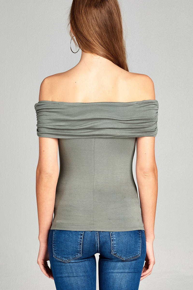 Ladies fashion fold over off the shoulder rayon spandex jersey top