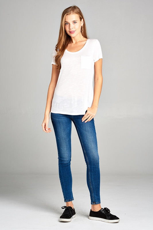 Ladies fashion short sleeve scoop neck w/pocket rayon slub top