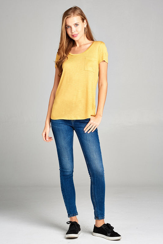 Ladies fashion short sleeve scoop neck w/pocket rayon slub top