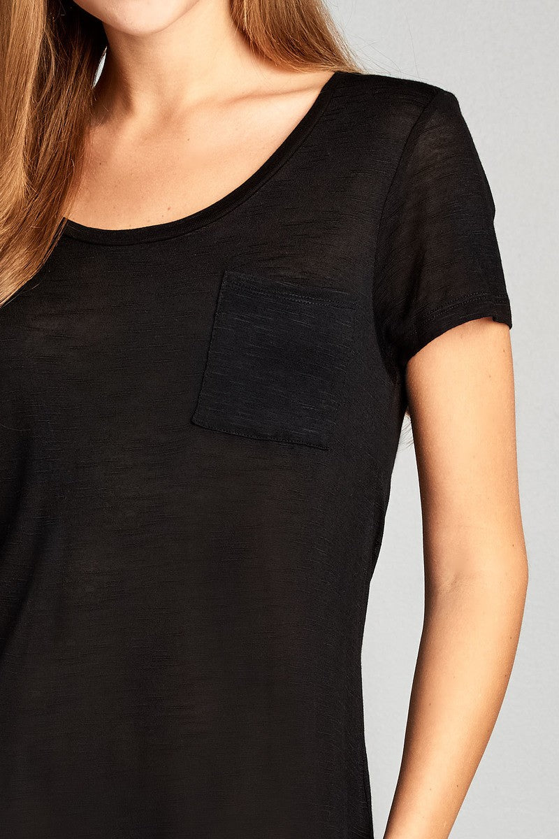 Ladies fashion short sleeve scoop neck w/pocket rayon slub top
