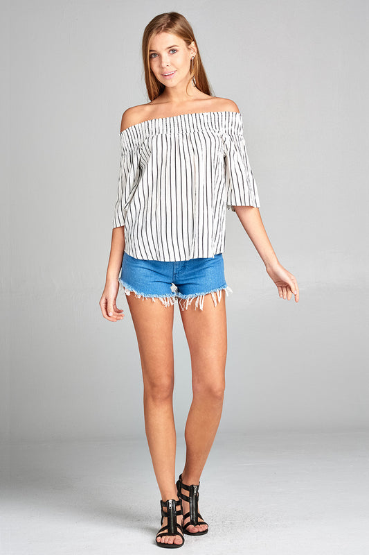 Ladies fashion short sleeve smocked off the shoulder stripe print woven top