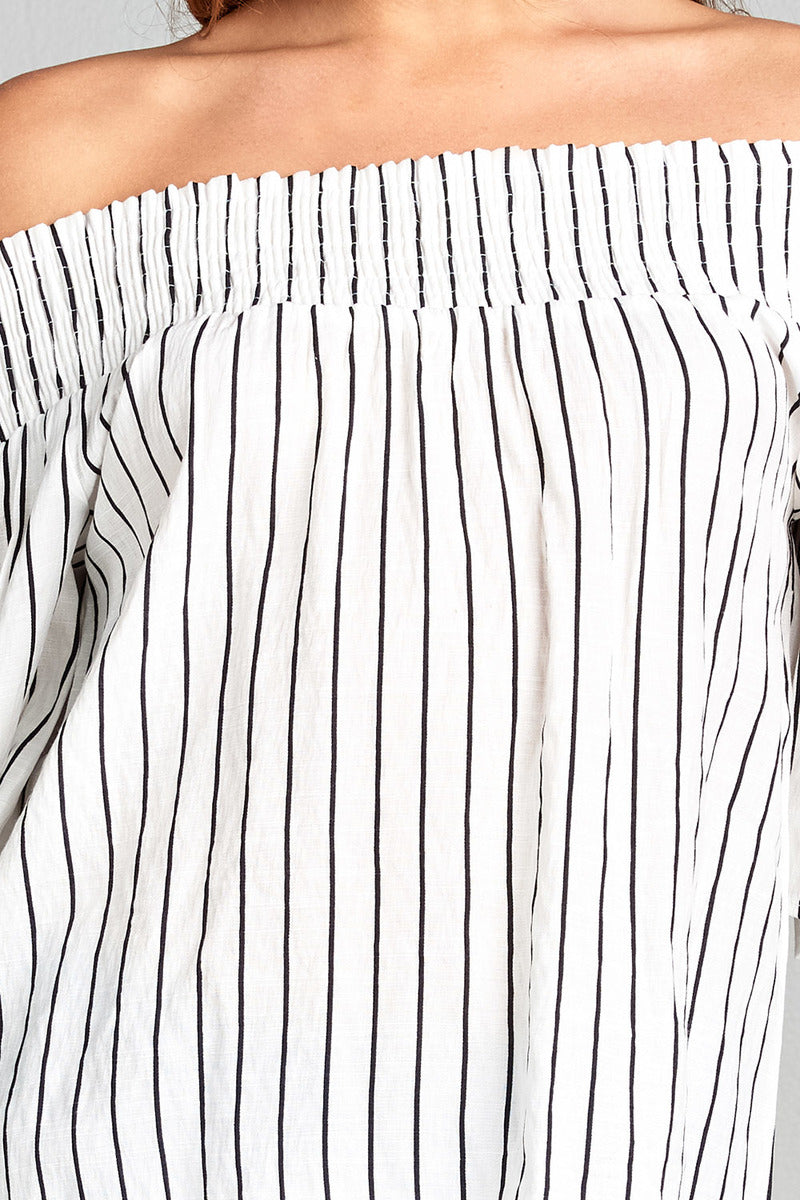 Ladies fashion short sleeve smocked off the shoulder stripe print woven top