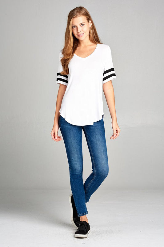 Ladies fashion short double stripe sleeve v-neck rayon spandex top
