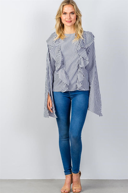 Ladies fashion ruffle front striped slit sleeve shirt