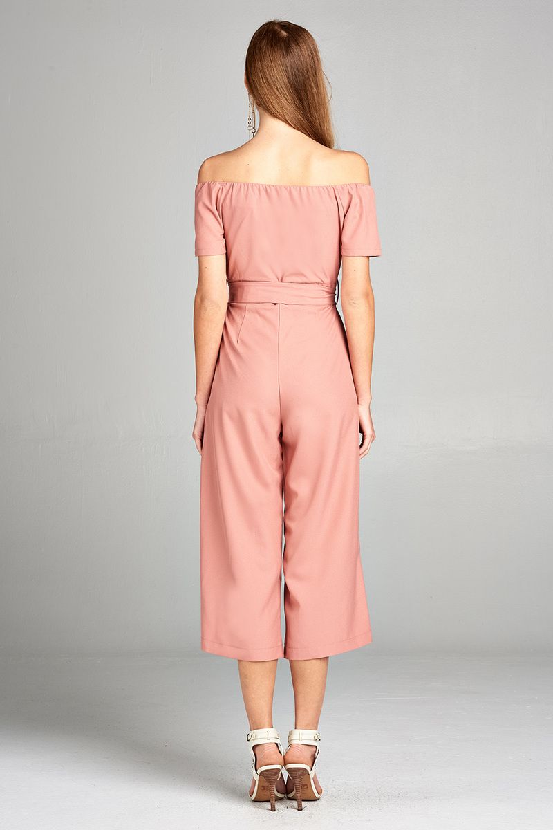Ladies fashion short sleeve off the shoulder front zipper w/self tie belt wide leg jumpsuit