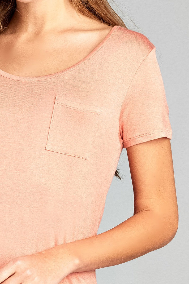 Ladies fashion short sleeve round neck w/back strappy detail rayon spandex top