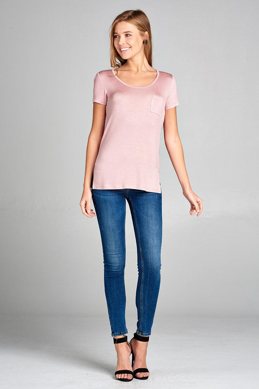 Ladies fashion short sleeve round neck w/back strappy detail rayon spandex top
