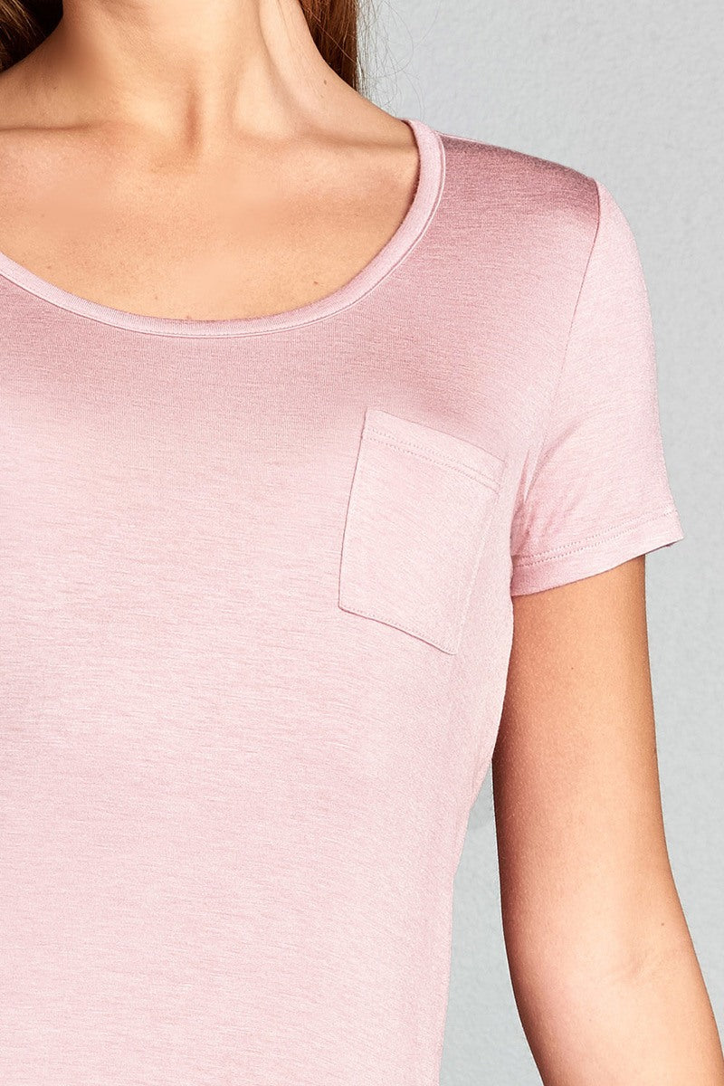 Ladies fashion short sleeve round neck w/back strappy detail rayon spandex top
