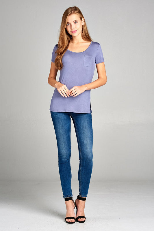 Ladies fashion short sleeve round neck w/back strappy detail rayon spandex top