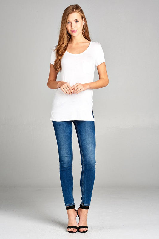 Ladies fashion short sleeve round neck w/back strappy detail rayon spandex top
