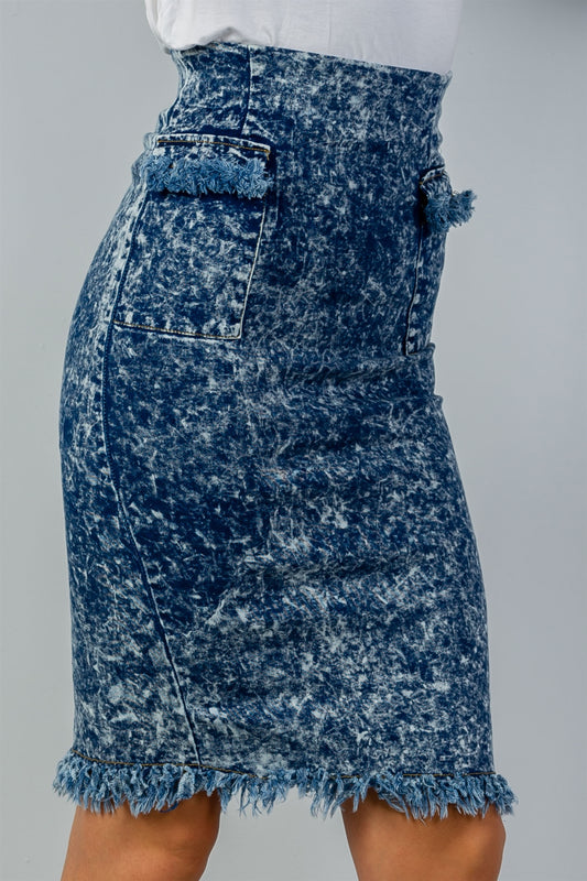 Ladies fashion acid wash frayed hem high waist pencil denim skirt