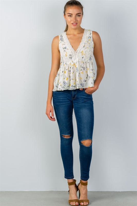 Ladies fashion floral print crochet babydoll v-neck tank top