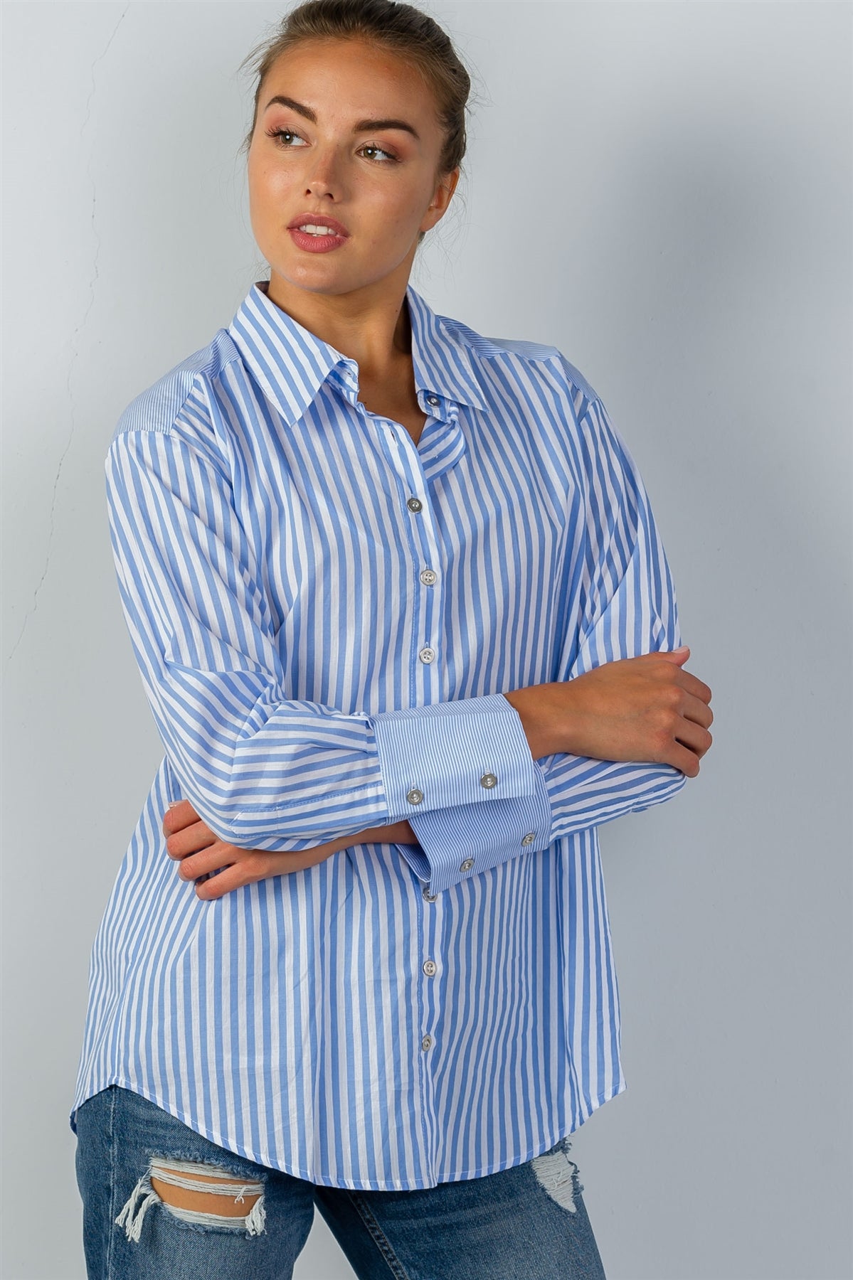 Ladies fashion sky blue stripe print convertible cold-shoulder shirt
