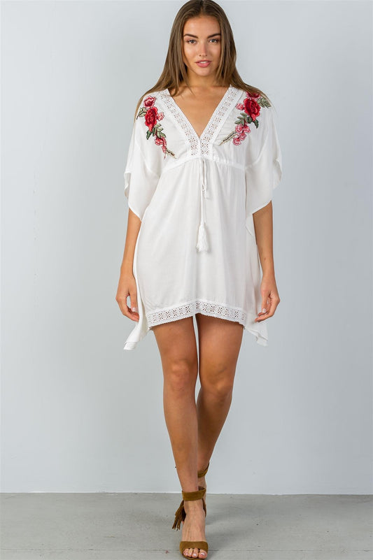 Ladies fashion floral embroidered kaftan tunic mini dress