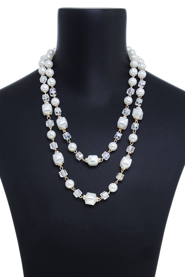 Double layer pearl and cube station necklace set