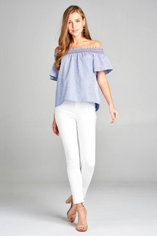 Ladies fashion short sleeve off the shoulder w/special smocked stripe woven top